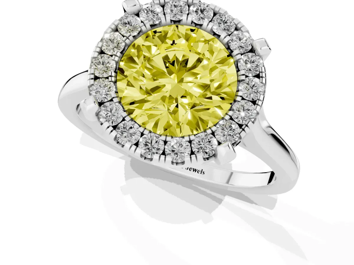 Fancy Yellow Round Cut Diamond Cluster Halo Solitaire with Four-Prong Setting Platinum