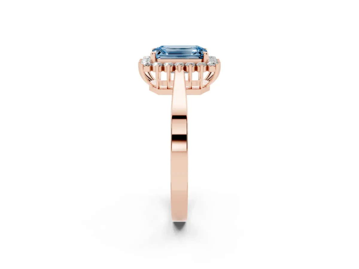 Fancy Blue Emerald Cut Cut Diamond Halo Ring with Round Brilliant Halo and Solitaire Band Rose gold