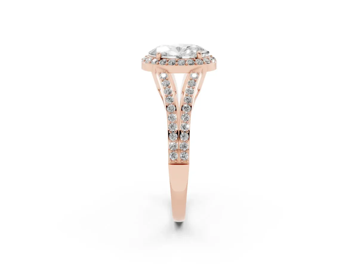 Oval Cut Halo Split Shank Pave Diamond Ring with Four-Prong Setting Rose gold