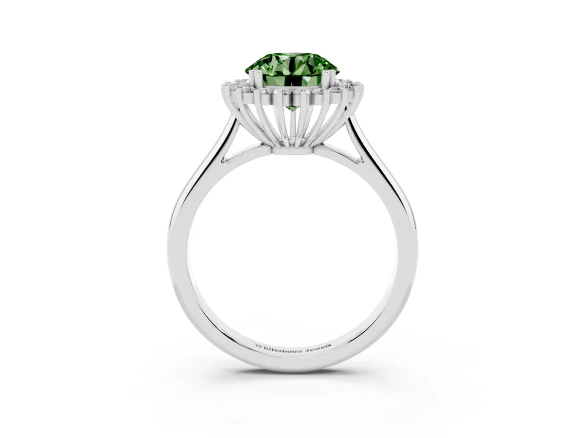 Fancy Green Round Cut Cut Diamond Halo Ring with Solitaire Band and Prong Setting Silver