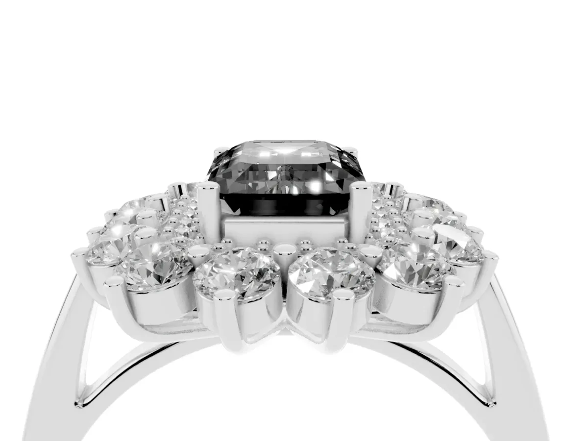 Fancy Black Emerald Cut Diamond Floral Double Halo Engagement Ring with Prong Setting Silver