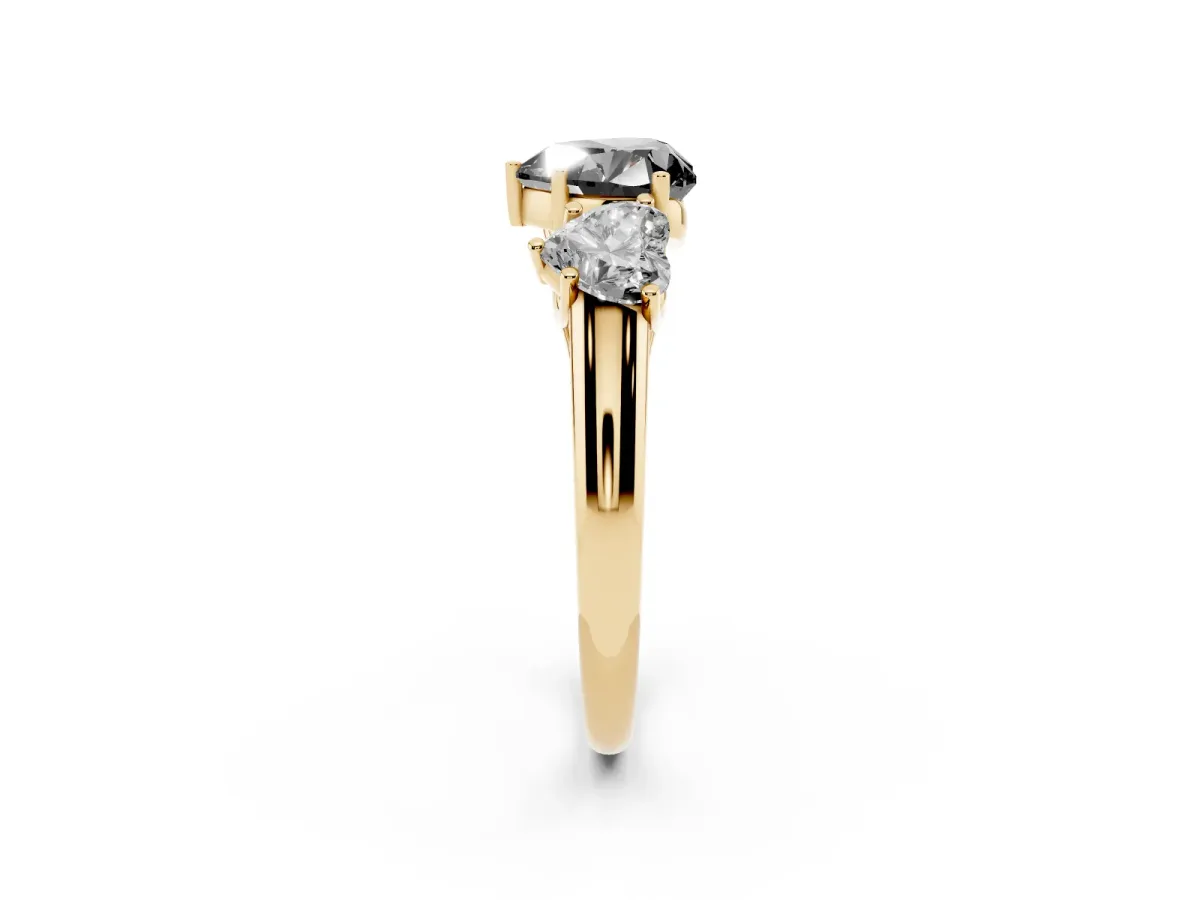 Fancy Black Three-Stone Heart Cut Diamond Engagement Ring with Prong Setting Yellow gold