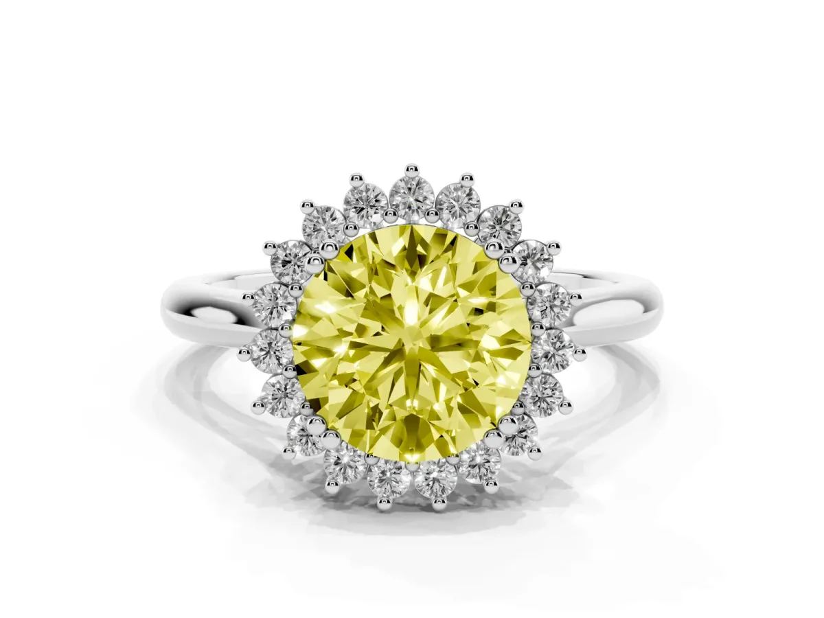 Fancy Yellow Round Cut Cut Diamond Halo Ring with Solitaire Band and Prong Setting Silver