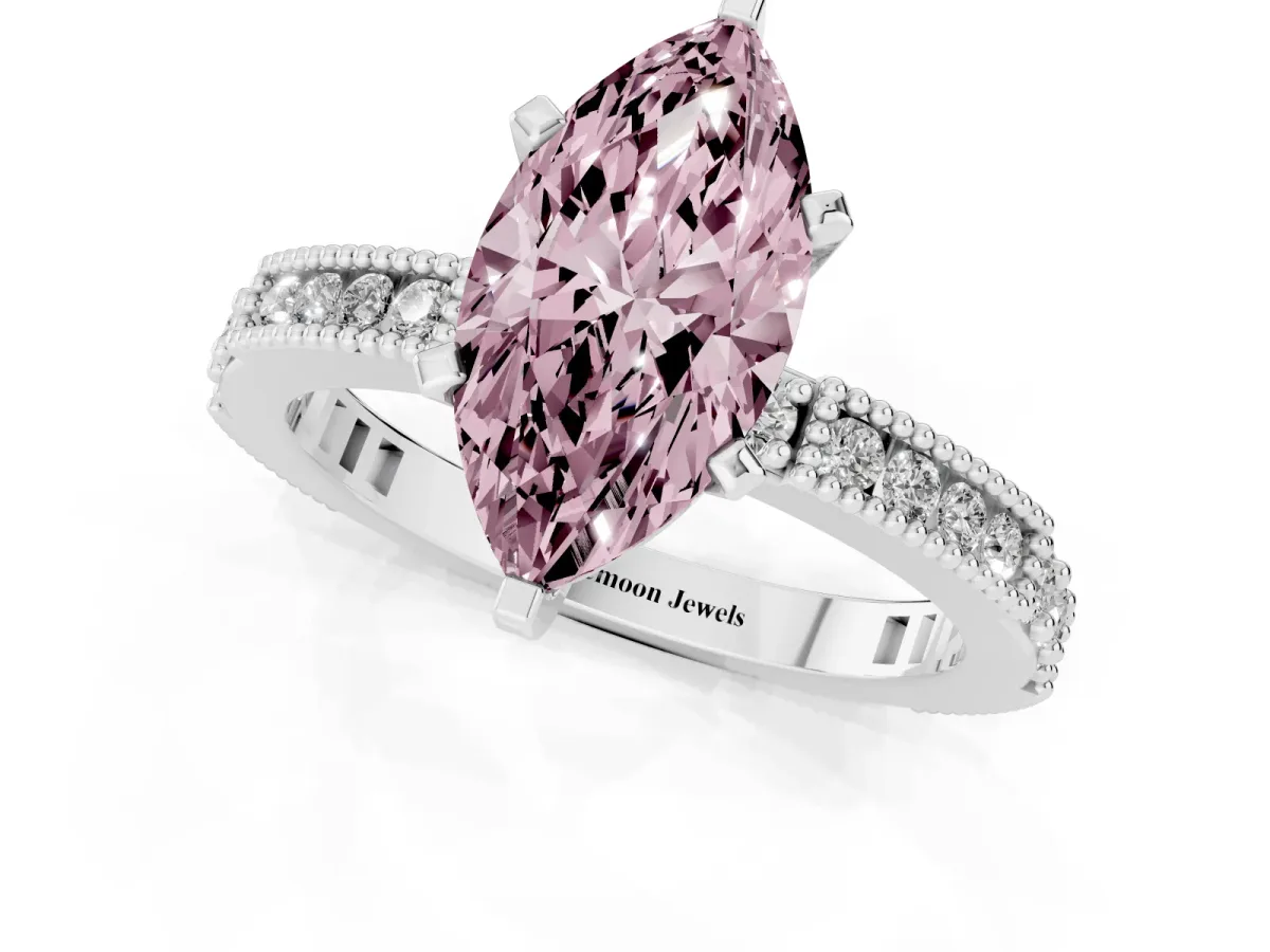 Fancy Pink Marquise Cut Solitaire with Pavé Band and Four-Prong Setting Silver