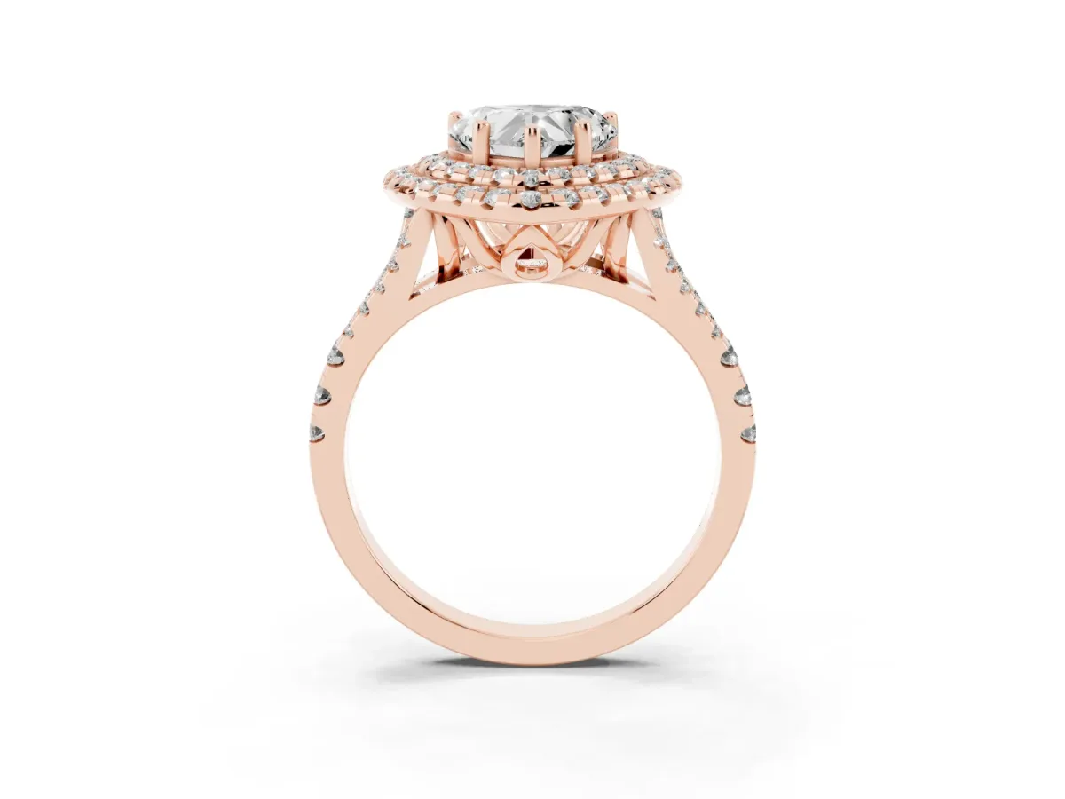 Double Halo Heart Cut Diamond Pavé Split Shank Ring with Prong Setting Rose gold
