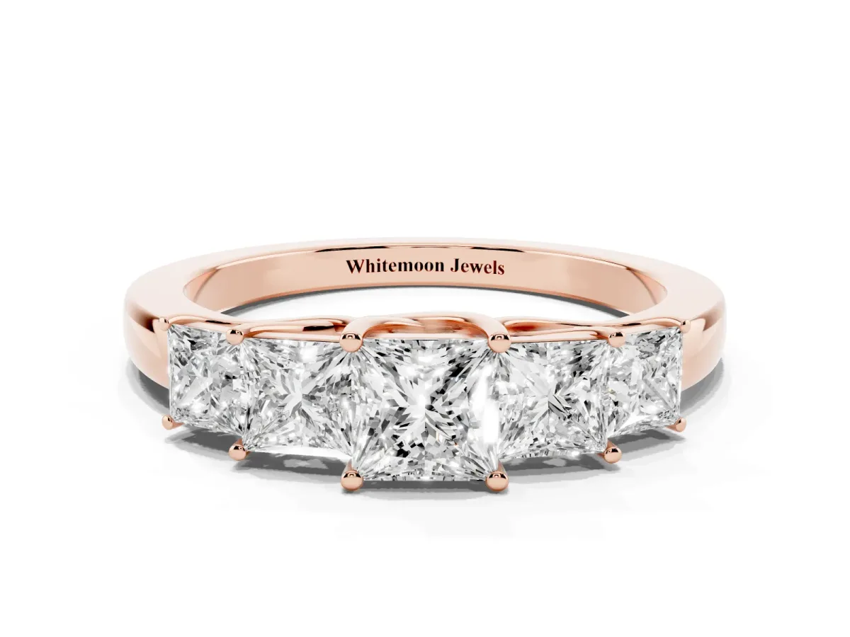 Princess Cut Five-Stone Diamond Ring with Classic Prong Setting Rose gold