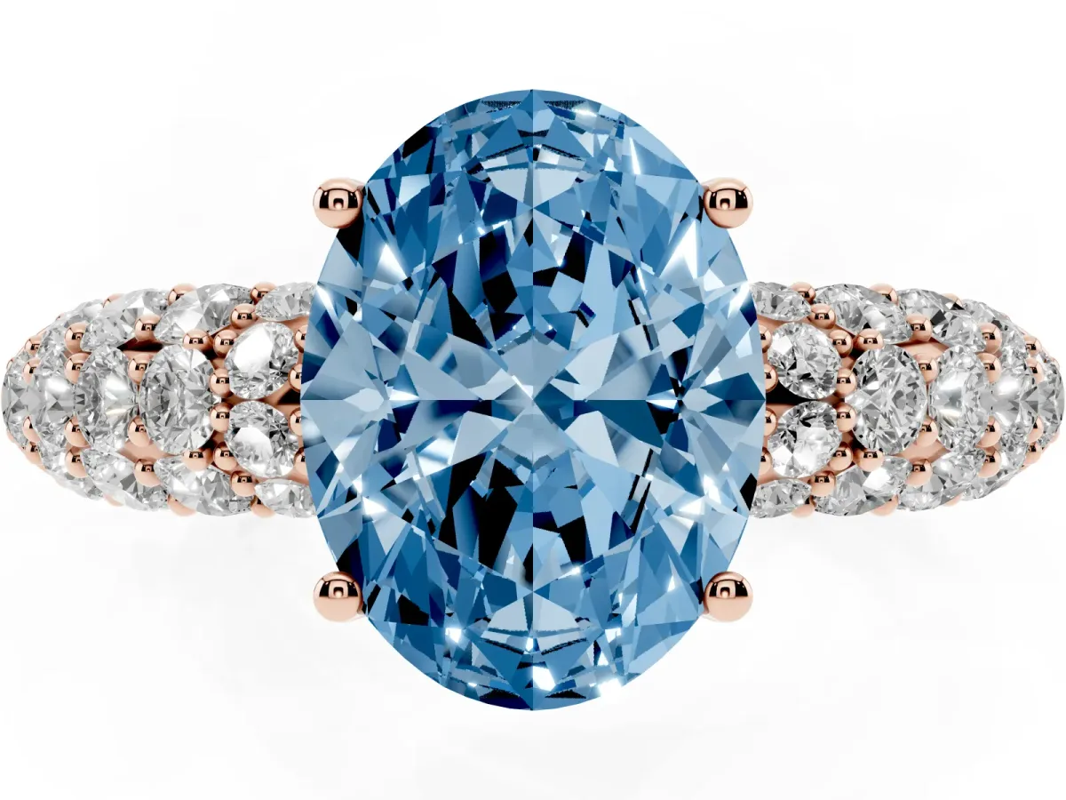 Fancy Blue Oval Cut Diamond Pavé Band Solitaire Ring with Four-Prong Setting Rose gold