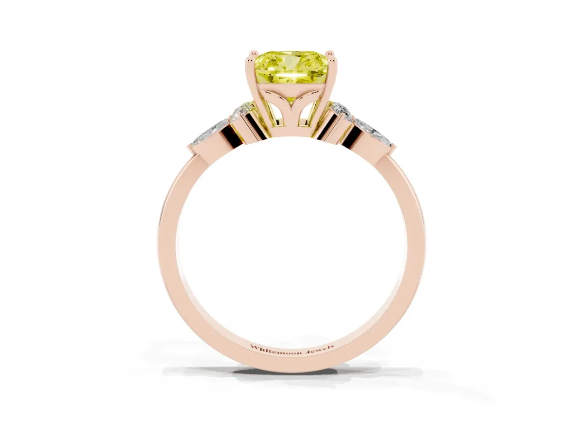 Fancy Yellow Cushion Cut Brilliant Diamond Solitaire Ring with Pear Side Stones and Four-Prong Setting Rose gold