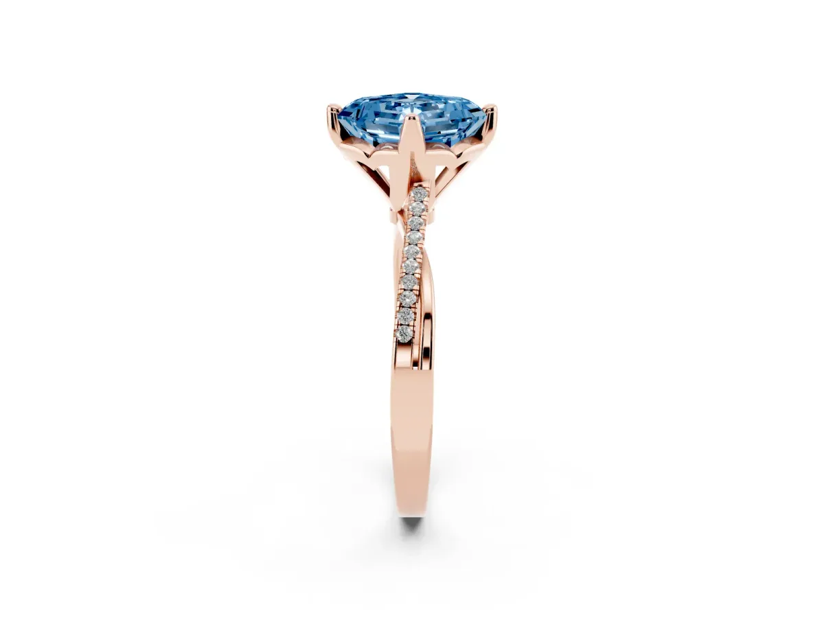 Fancy Blue Asscher Cut Solitaire Twist Band with Pavé Diamonds and Four-Prong Setting Rose gold