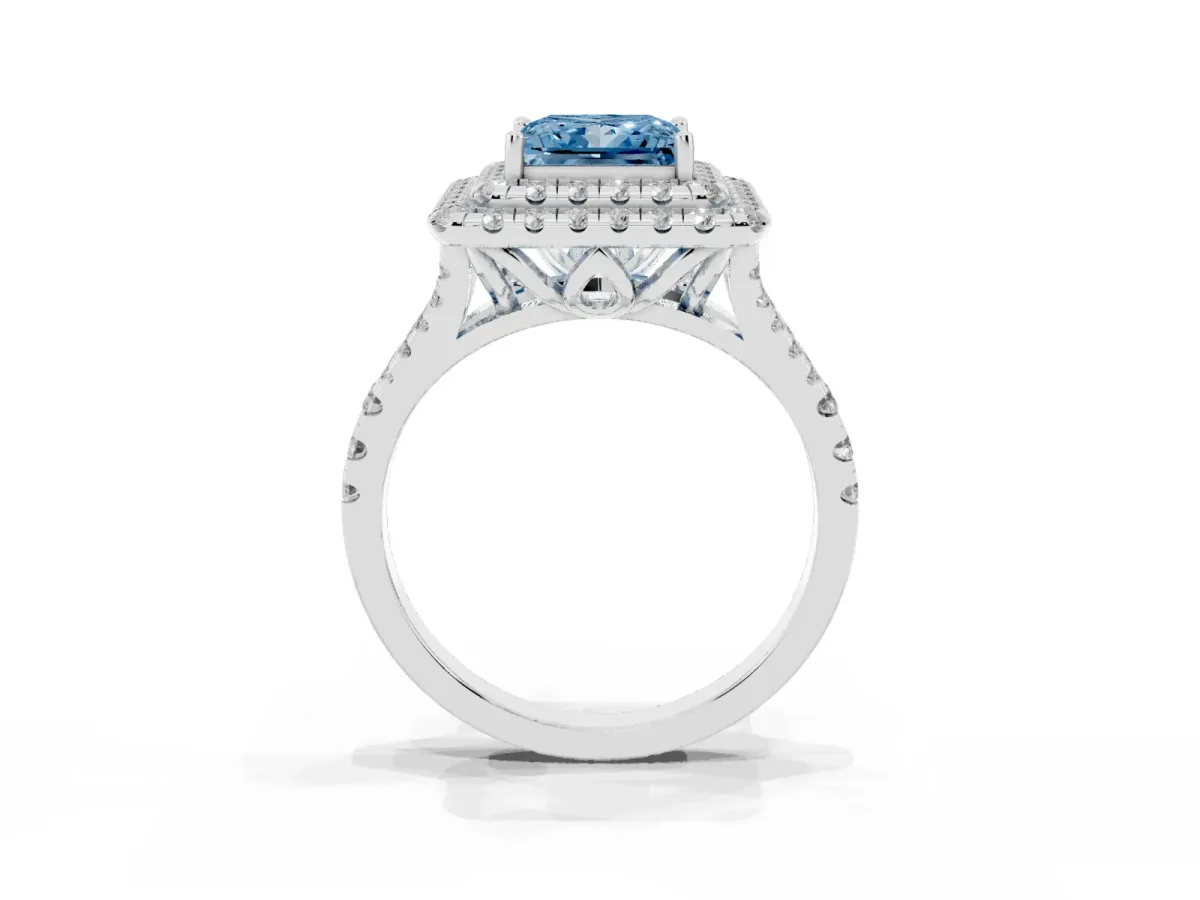 Fancy Blue Double Halo Princess Cut Diamond Pavé Split Shank Ring with Prong Setting Platinum