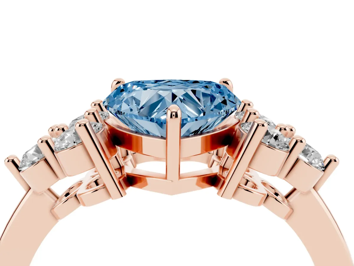 Fancy Blue Heart Cut Brilliant Diamond Cluster Accent Solitaire Ring with Prong Setting Rose gold