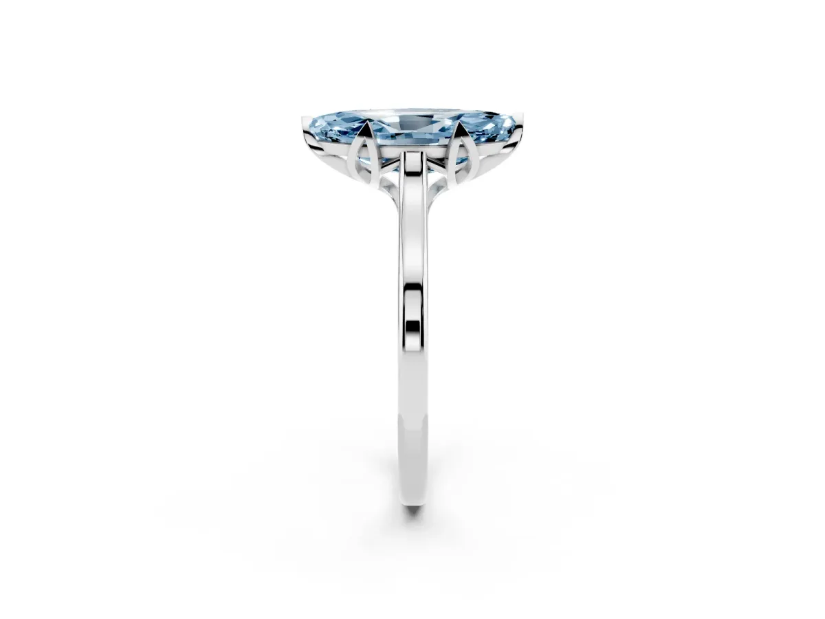 Fancy Blue Marquise Cut Diamond Solitaire Ring with Flower Prong Setting and Classic Band Silver