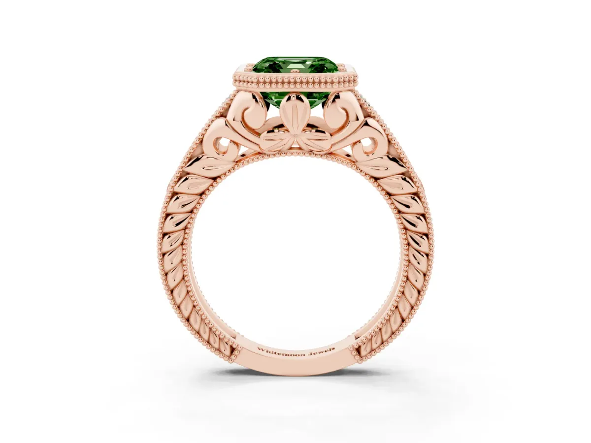 Fancy Green Bezel Set Asscher Cut Diamond Milgrain Pave Engagement Ring Rose gold