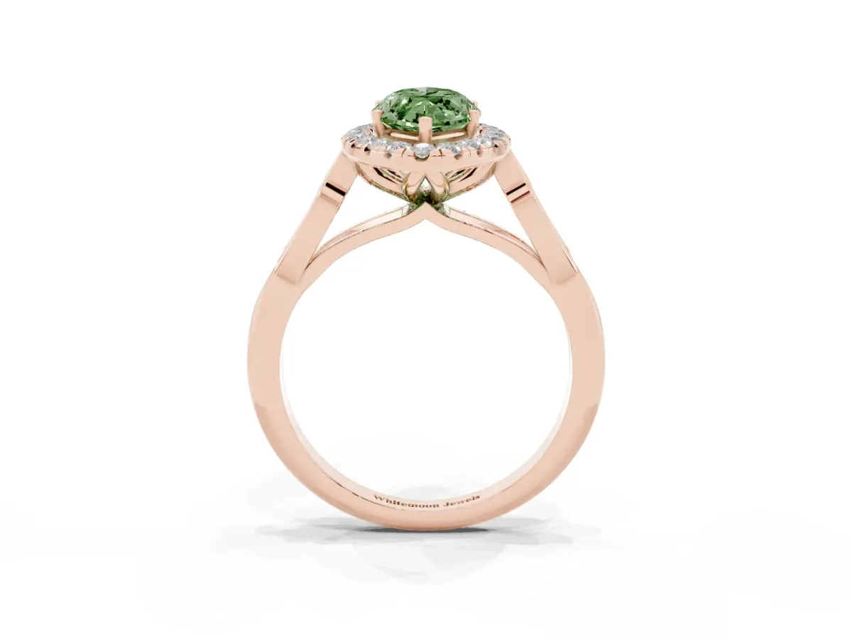 Fancy Green Marquise Cut Halo Diamond Engagement Ring with Filigree Band and Four-Prong Setting Rose gold
