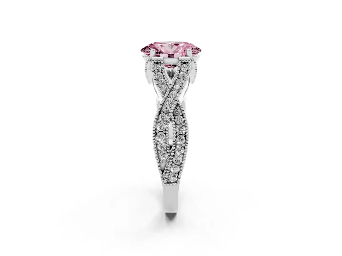 Fancy Pink Oval Cut Cut Diamond Twisted Band with Milgrain Pave Setting and Four-Prong Setting Silver