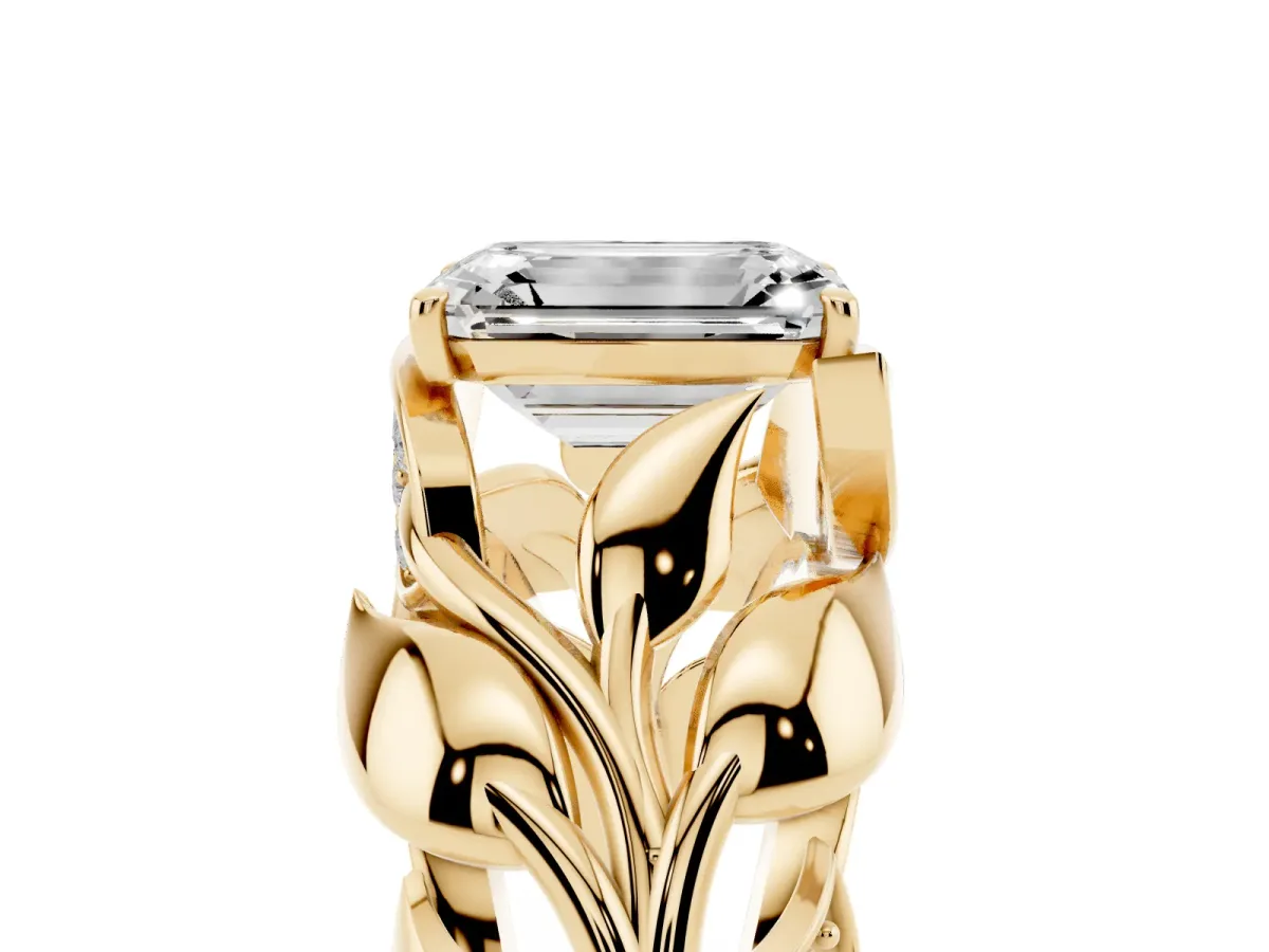 Emerald Cut Diamond Leaf-Inspired Engagement Ring with Round Accents and Prong Setting Yellow gold