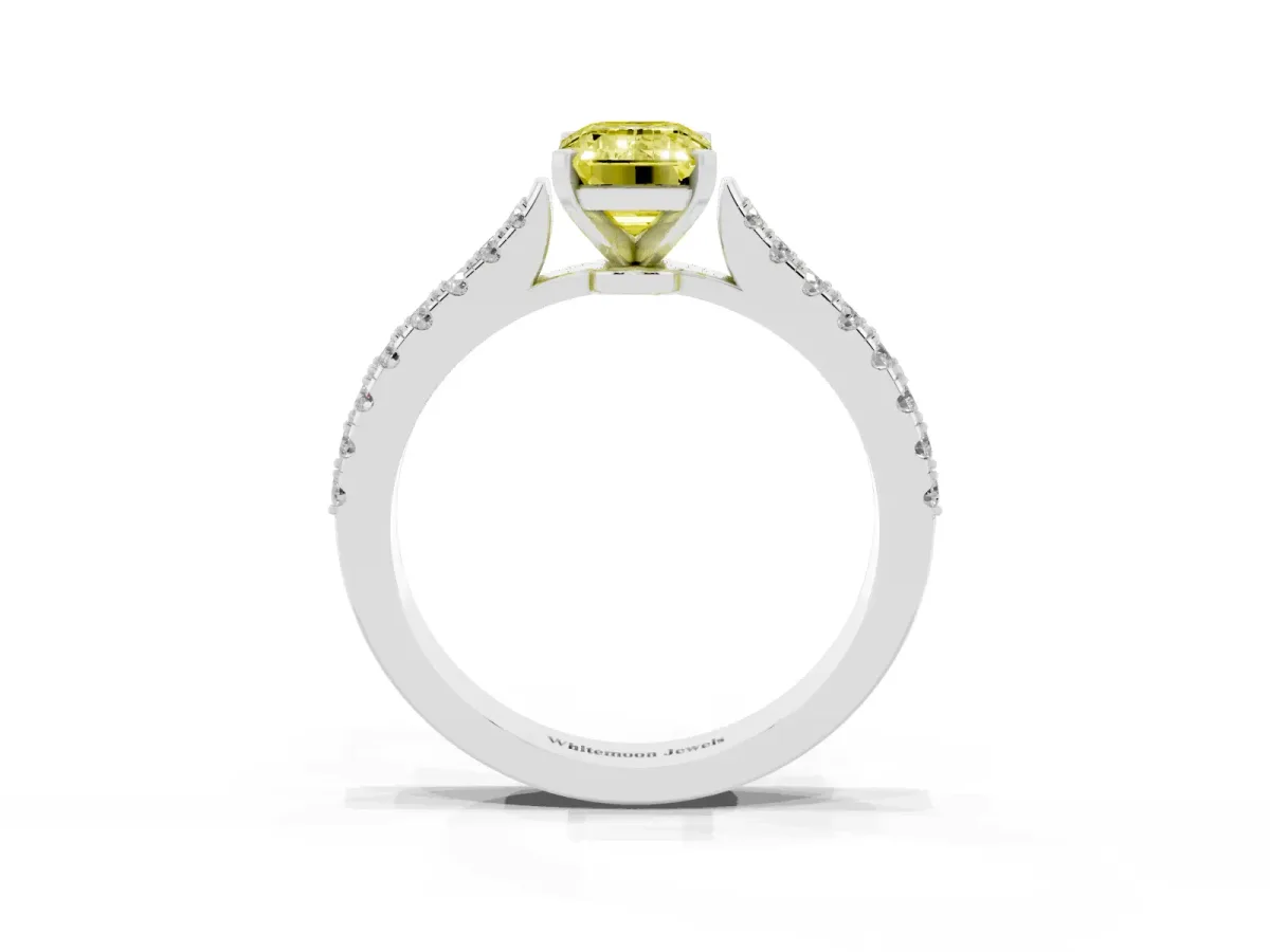Fancy Yellow Emerald Cut Cut Solitaire Diamond Engagement Ring with Pave Band and Four-Prong Setting Platinum