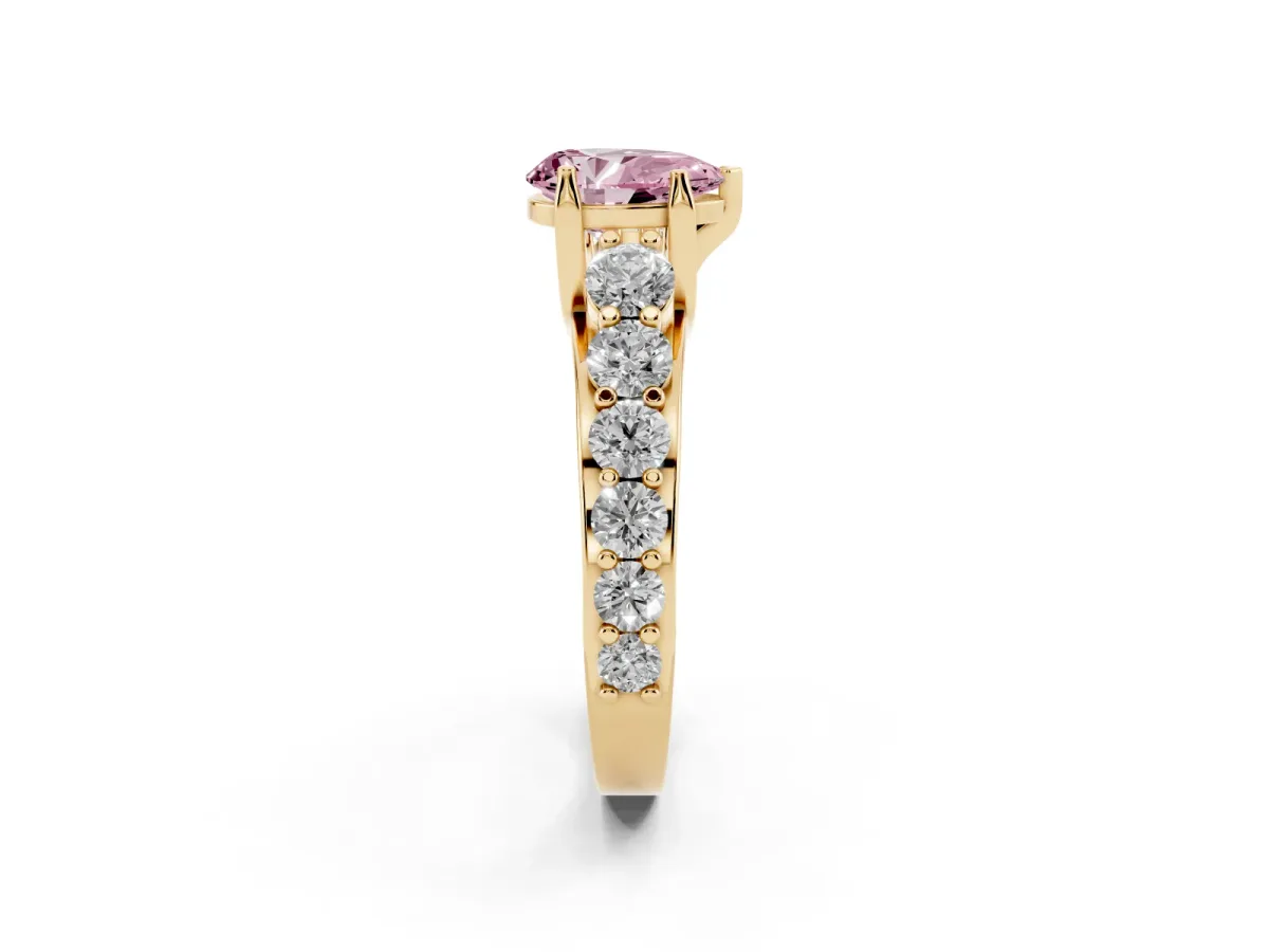 Fancy Pink Pear Cut Diamond Engagement Ring with Pavé Band and Four-Prong Setting Yellow gold