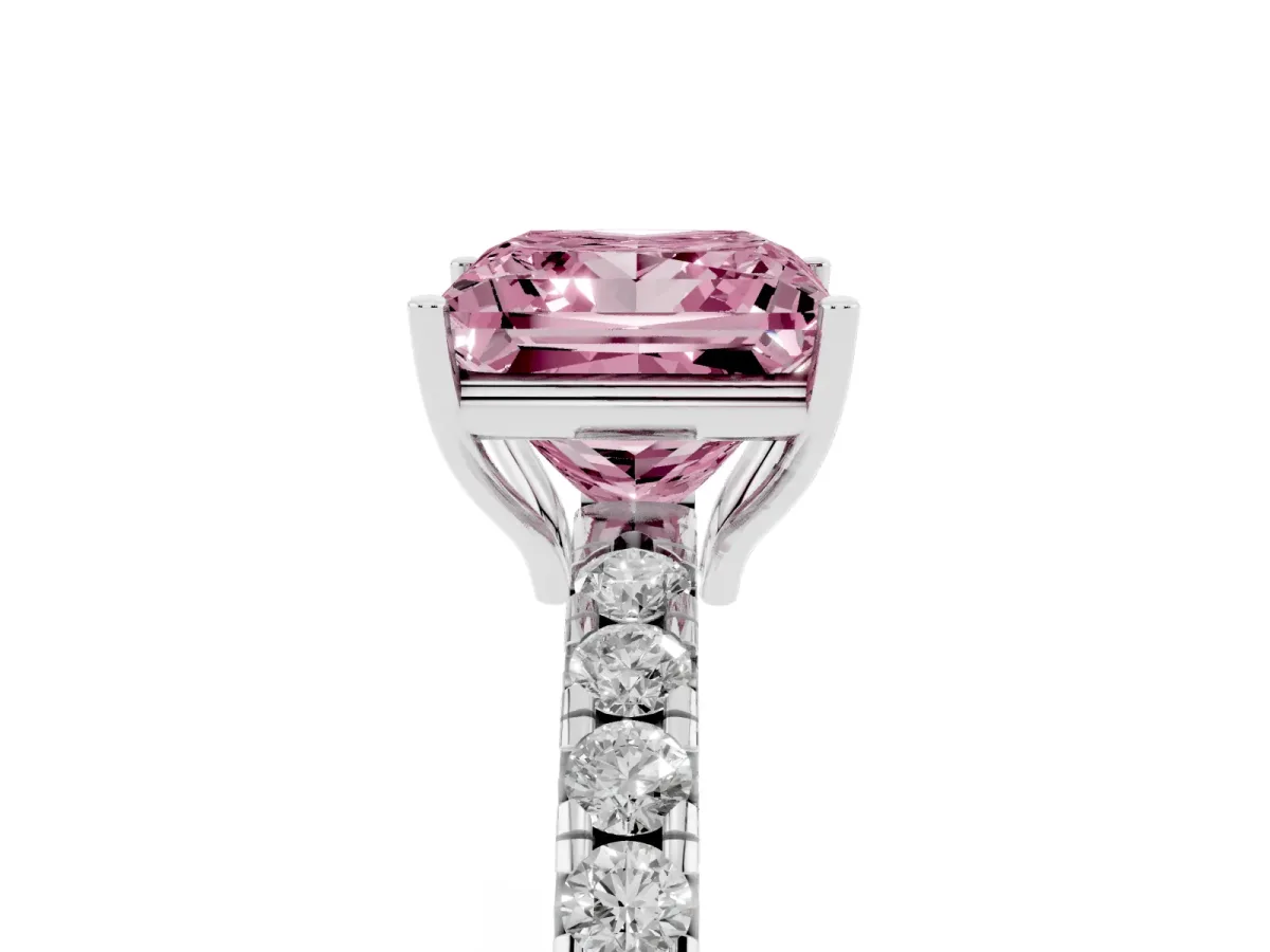 Fancy Pink Princess Cut Diamond Pavé Solitaire Engagement Ring with Four-Prong Setting Silver