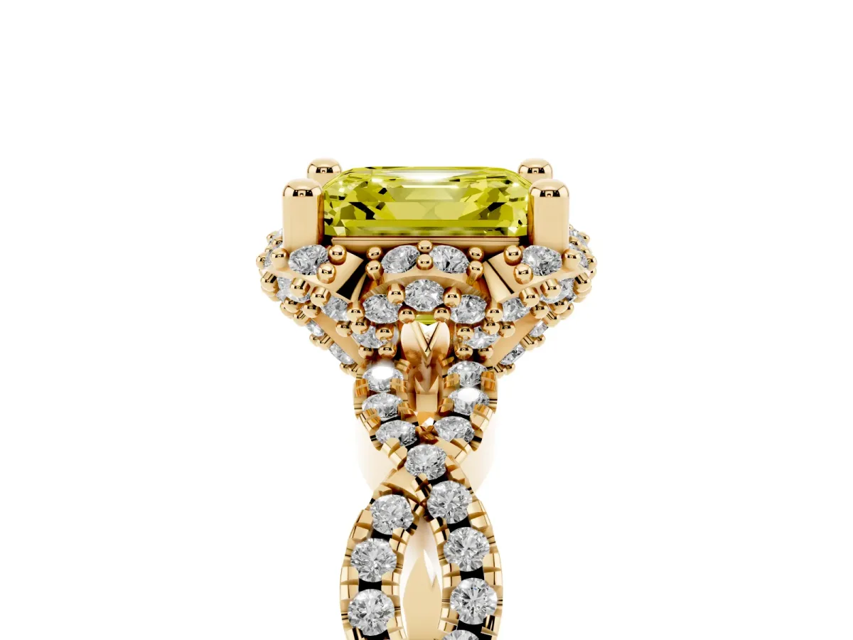 Fancy Yellow Asscher Cut Halo Twist Band Solitaire Ring with Six-Prong Setting Yellow gold