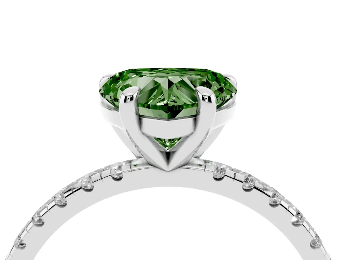 Fancy Green Heart Cut Diamond Brilliant Solitaire Ring with Pavé Band and Four-Prong Setting Platinum
