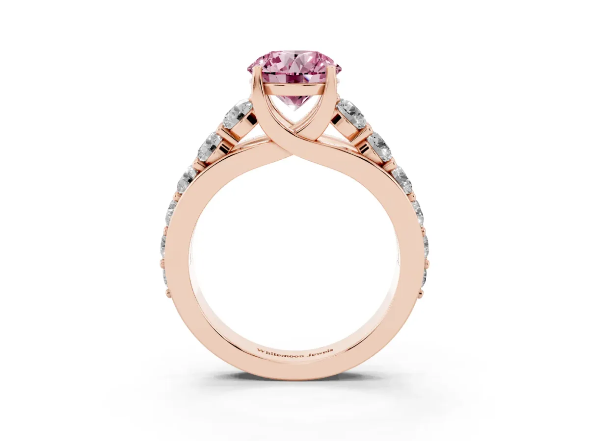 Fancy Pink Round Cut Diamond Engagement Ring with Pavé Band and Four-Prong Setting Rose gold