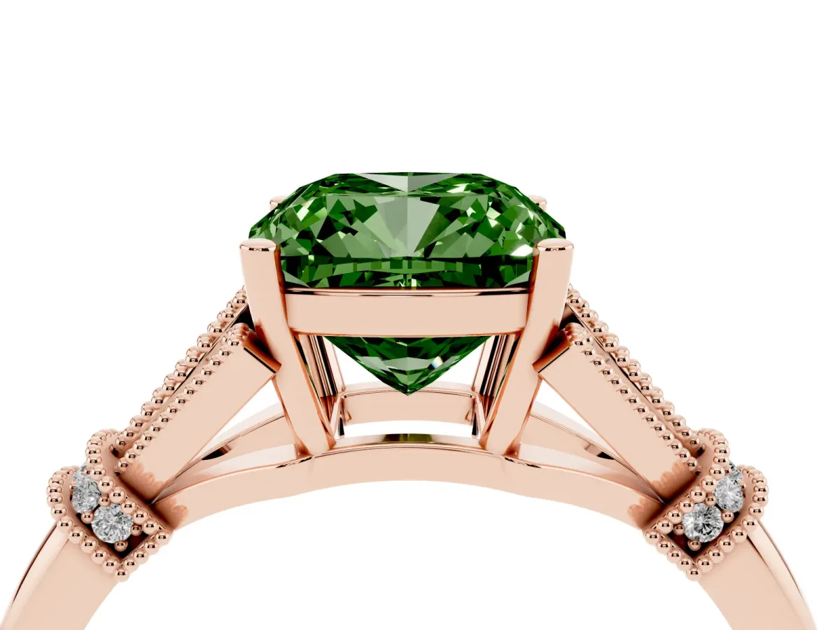 Fancy Green Cushion Cut Diamond Solitaire Ring with Floral Filigree and Pave Accents Rose gold