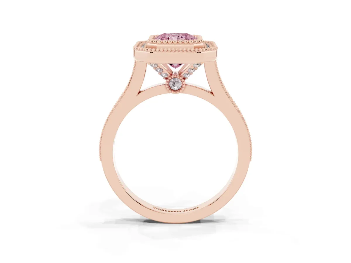 Fancy Pink Radiant Cut Diamond Halo Ring with Milgrain Frame and Pavé Band Rose gold