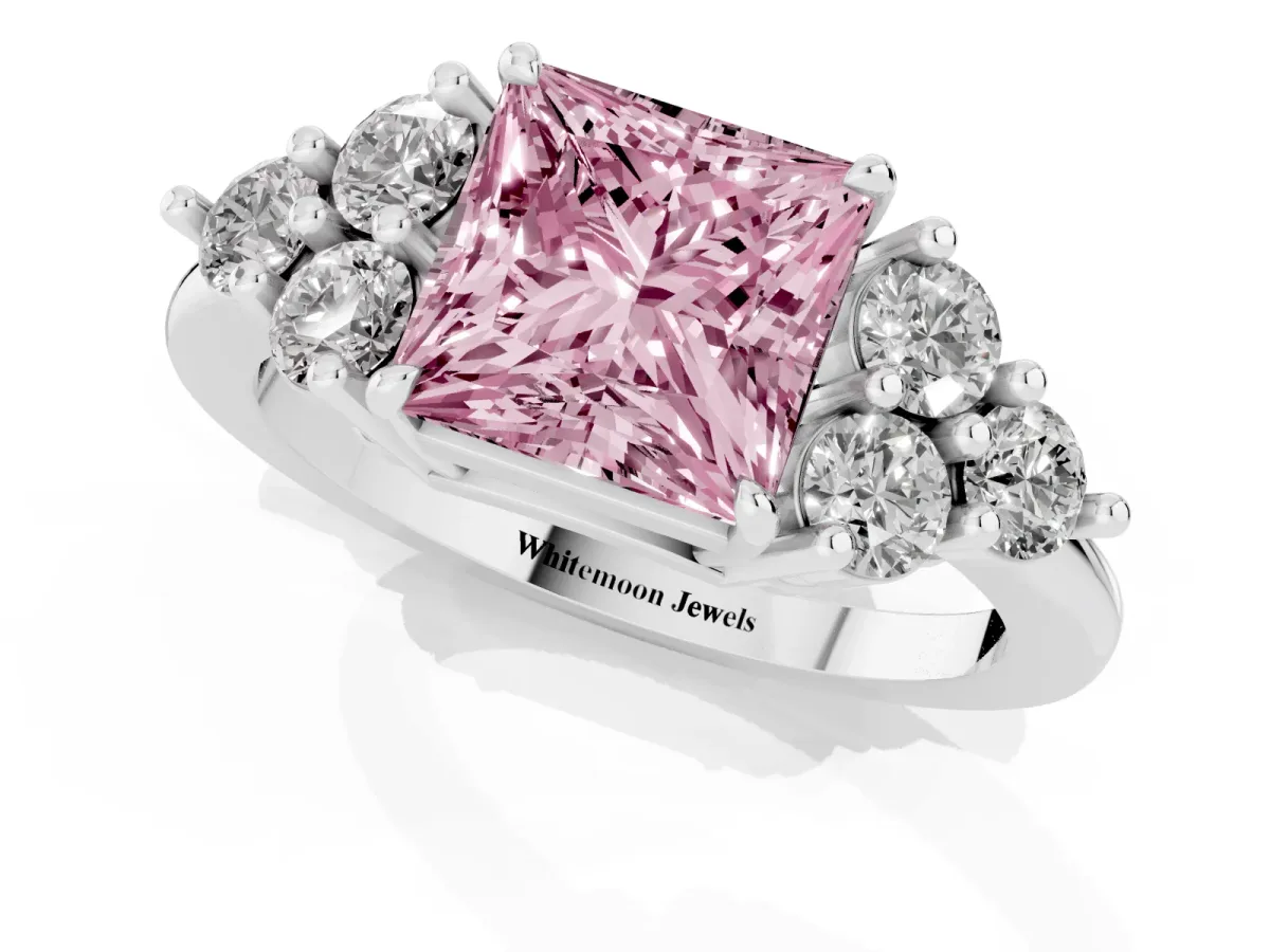 Fancy Pink Princess Cut Brilliant Diamond Cluster Accent Solitaire Ring with Prong Setting Silver