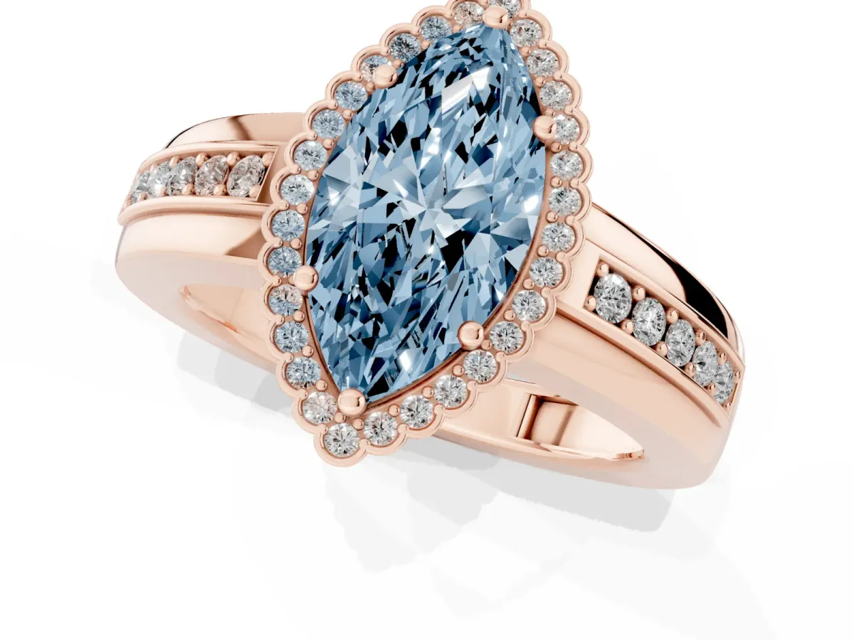 Fancy Blue Marquise Cut Cut Halo Pave Band Four-Prong Ring Rose gold