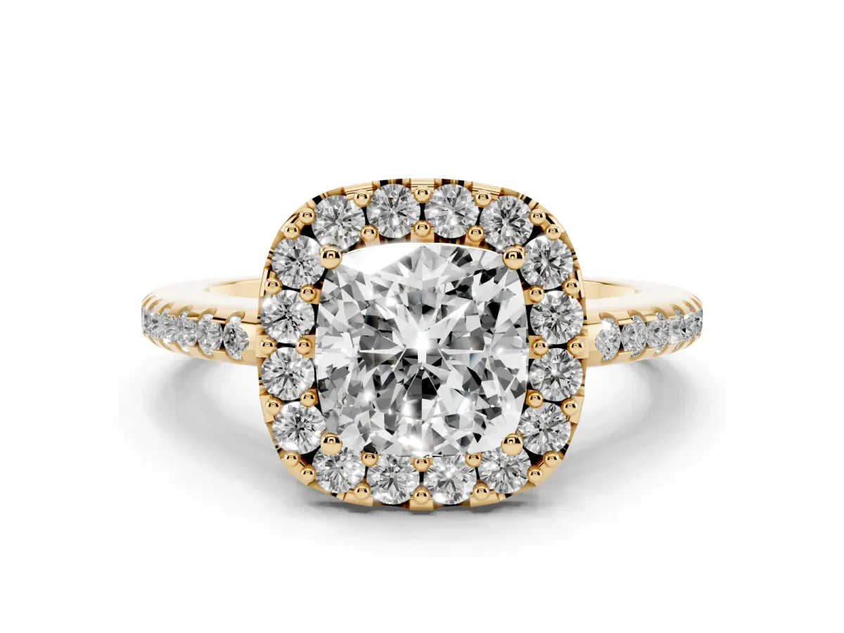Cushion Cut Diamond Pavé Halo Ring with Four-Prong Setting Yellow gold