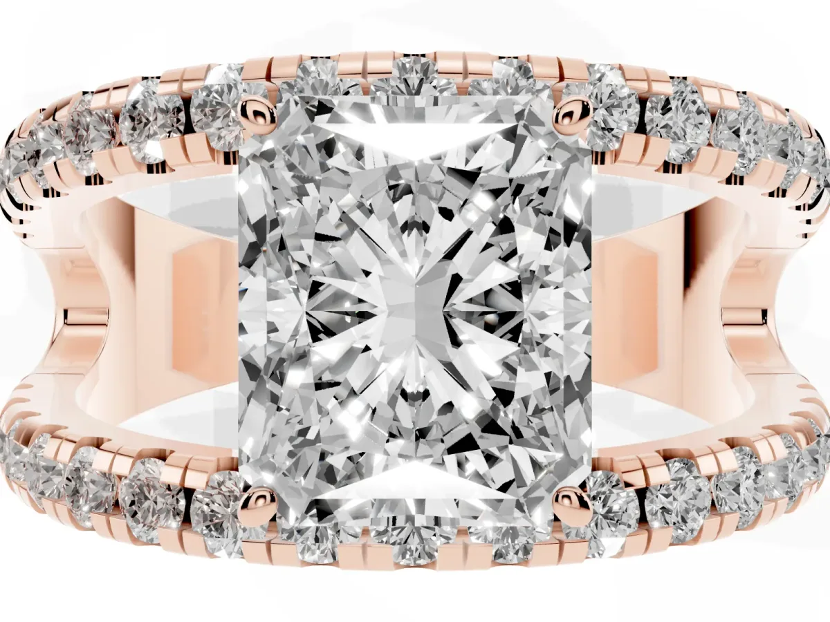 Radiant Cut Solitaire Split Shank Pave Diamond Ring Rose gold