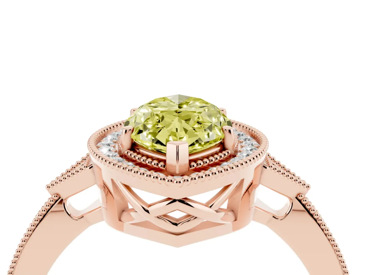 Fancy Yellow Marquise Cut Halo Round Diamond Milgrain Pave Engagement Ring Rose gold