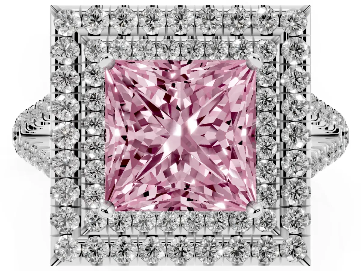 Fancy Pink Princess Cut Diamond Double Halo Ring with Pavé Band and Prong Setting Silver