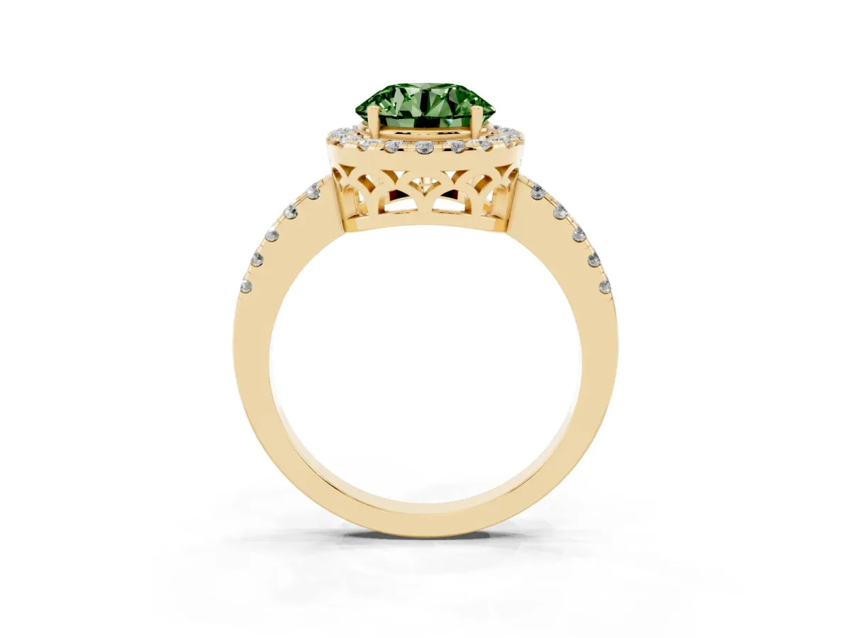 Fancy Green Round Cut Halo Diamond Engagement Ring with Pavé Band and Four-Prong Setting Yellow gold