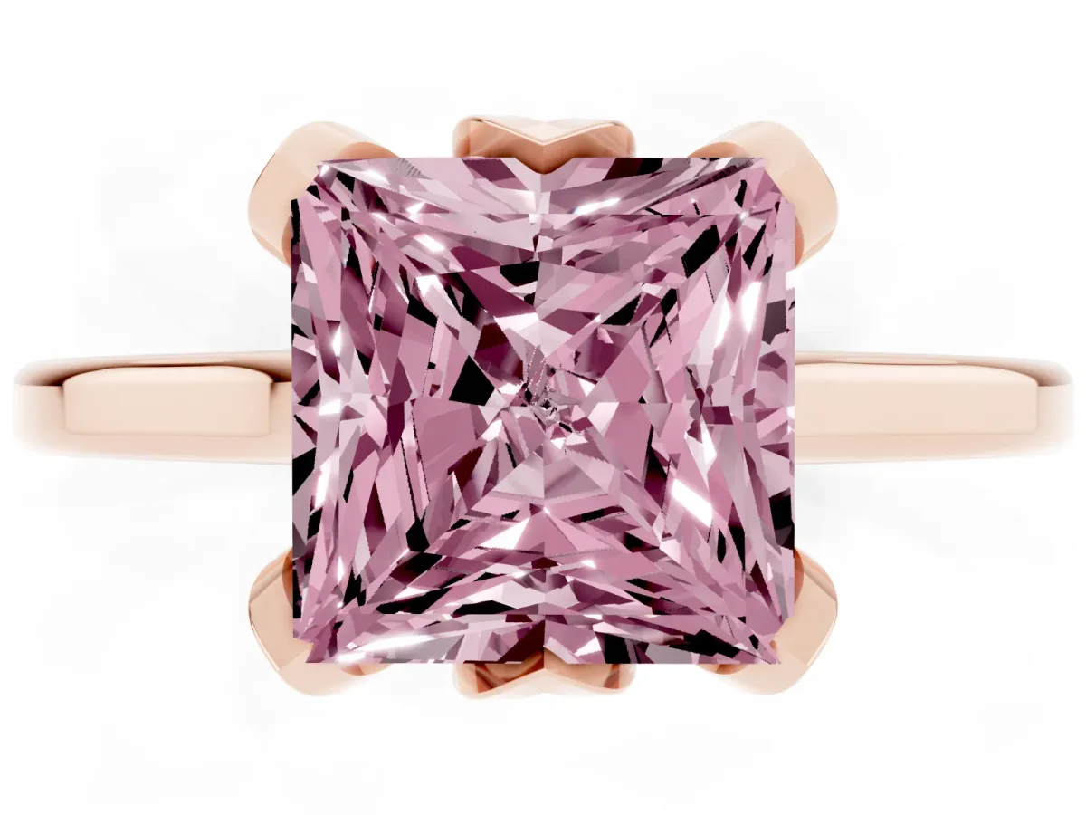 Fancy Pink Princess Cut Diamond Solitaire Ring with Flower Prong Setting and Classic Band Rose gold