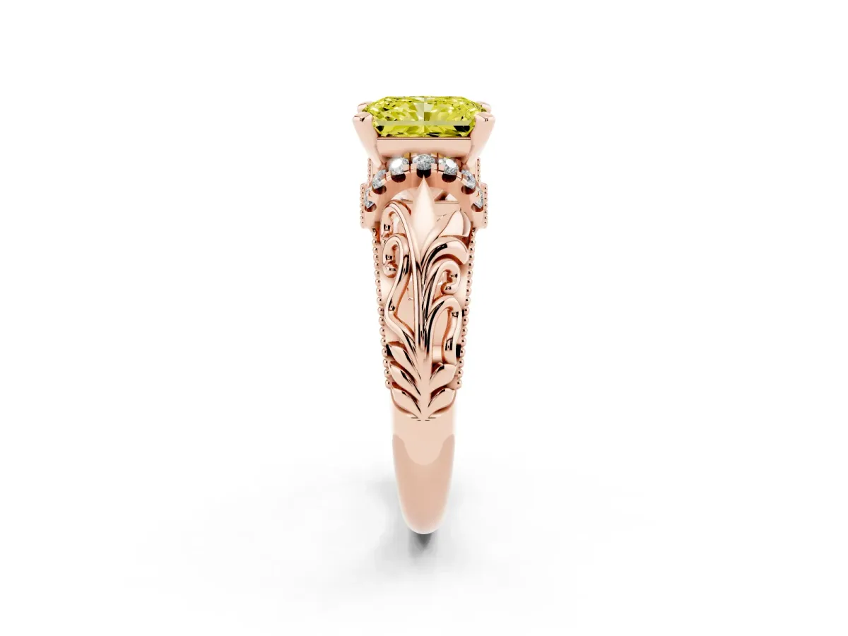 Fancy Yellow Radiant Cut Solitaire Filigree Engagement Ring with Halo and Prong Setting Rose gold