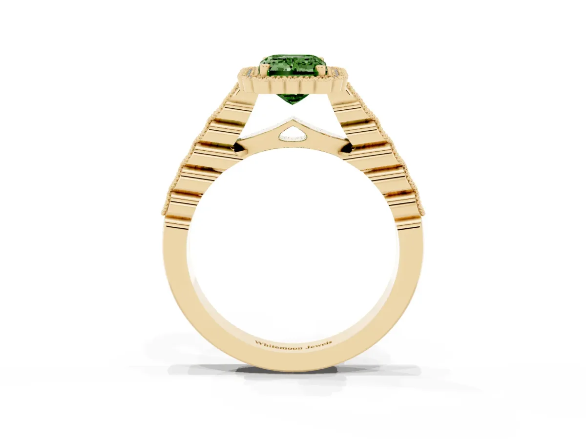 Fancy Green Emerald Cut Cut Halo Pavé Solitaire Ring with Milgrain Band Yellow gold