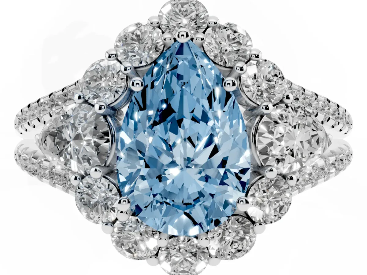 Fancy Blue Pear Cut Halo Split Shank Diamond Engagement Ring with Prong Setting Platinum