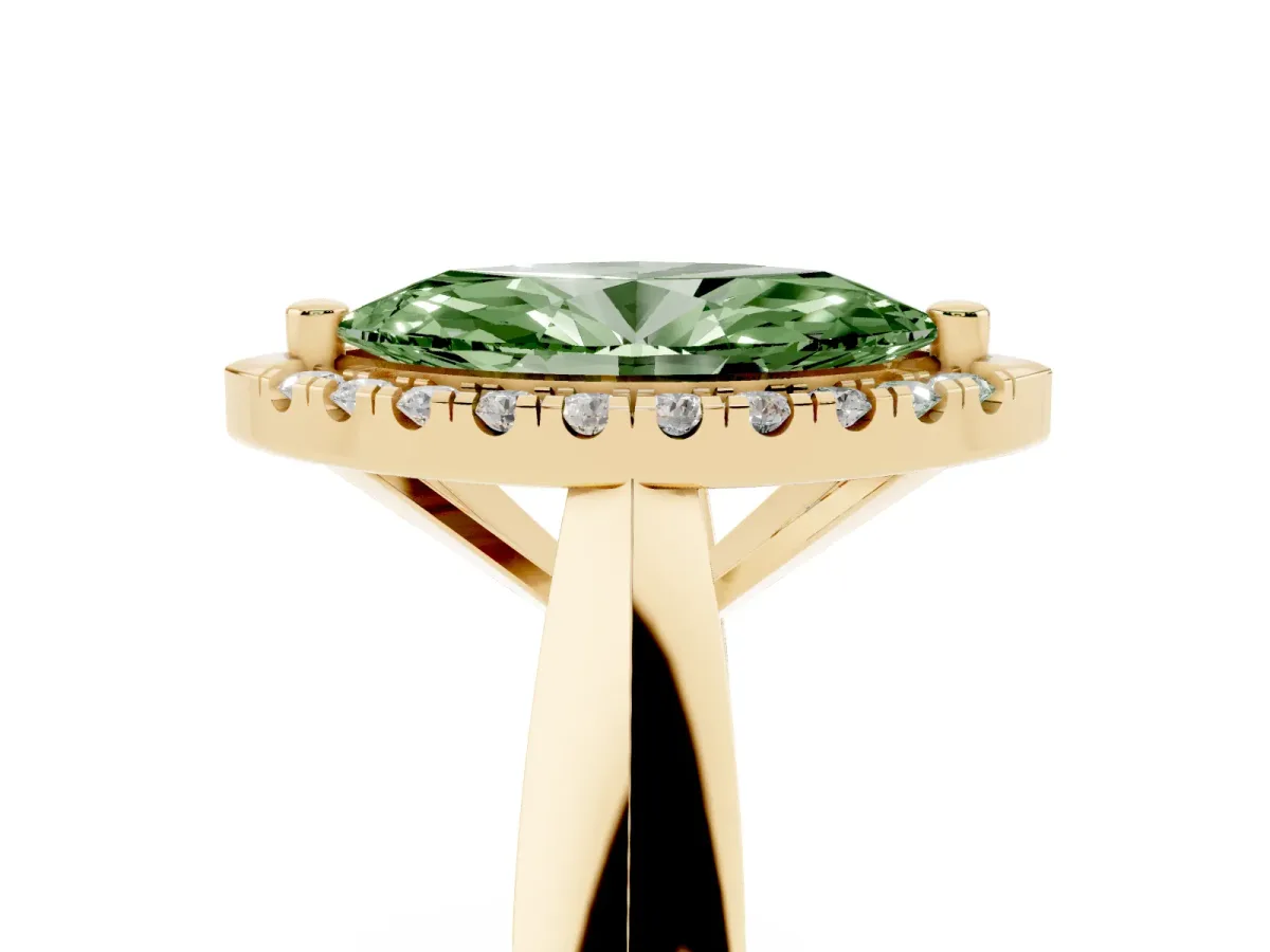 Fancy Green Marquise Cut Cut Halo Solitaire Engagement Ring with Square Band and Four-Prong Setting Yellow gold