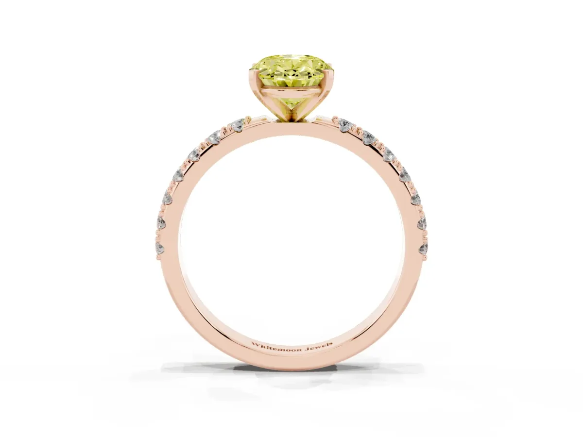 Fancy Yellow Oval Cut Diamond Solitaire Pavé Band with Four-Prong Setting Rose gold