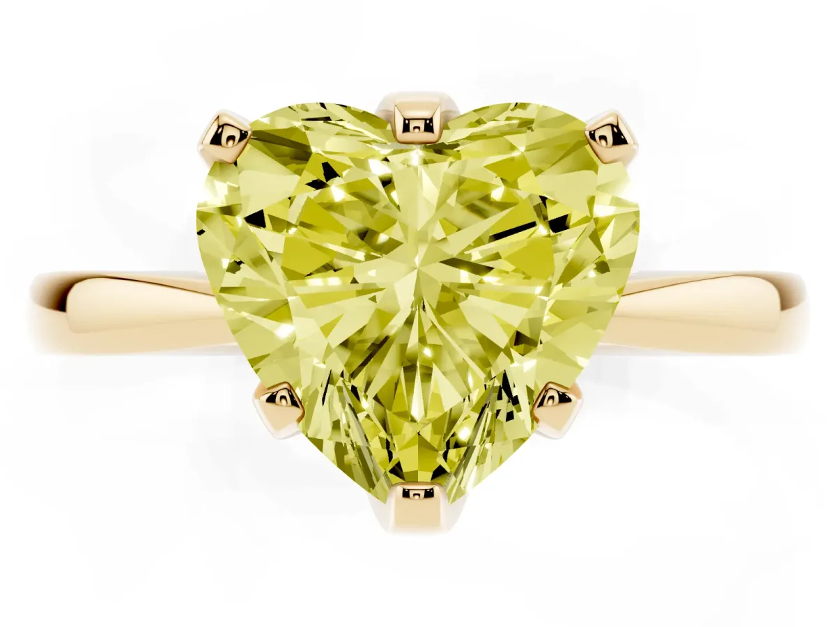 Fancy Yellow Heart Cut Solitaire Engagement Ring with Six-Prong Setting and Tapered Band Yellow gold