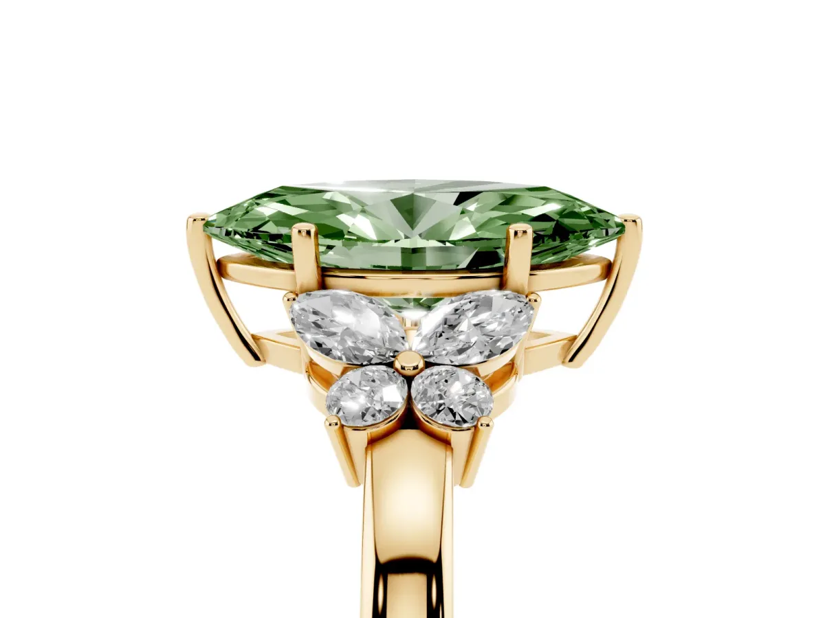 Fancy Green Marquise Cut Cut Solitaire Floral Diamond Ring with Four-Prong Setting Yellow gold