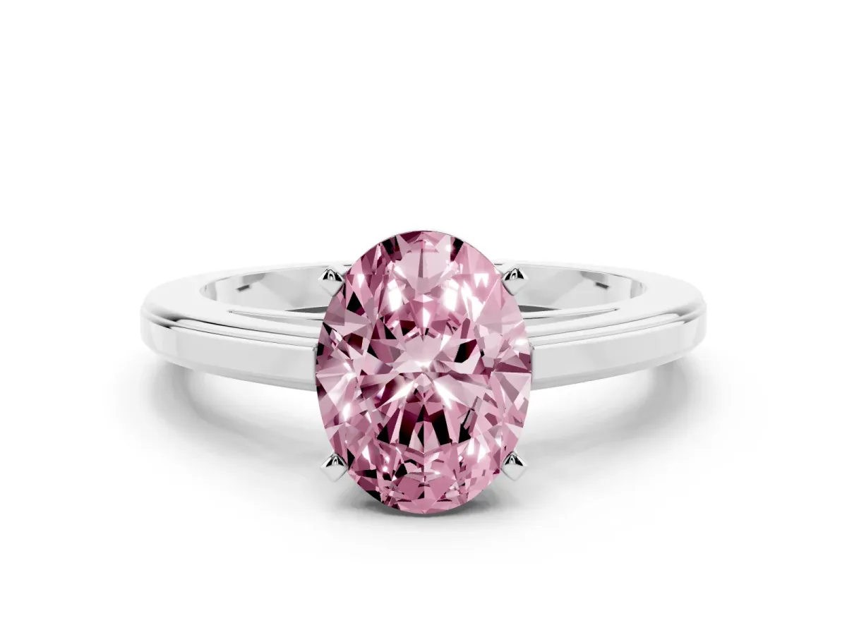 Fancy Pink Oval Cut Solitaire Diamond Ring with Four-Prong Setting and Classic Band Platinum