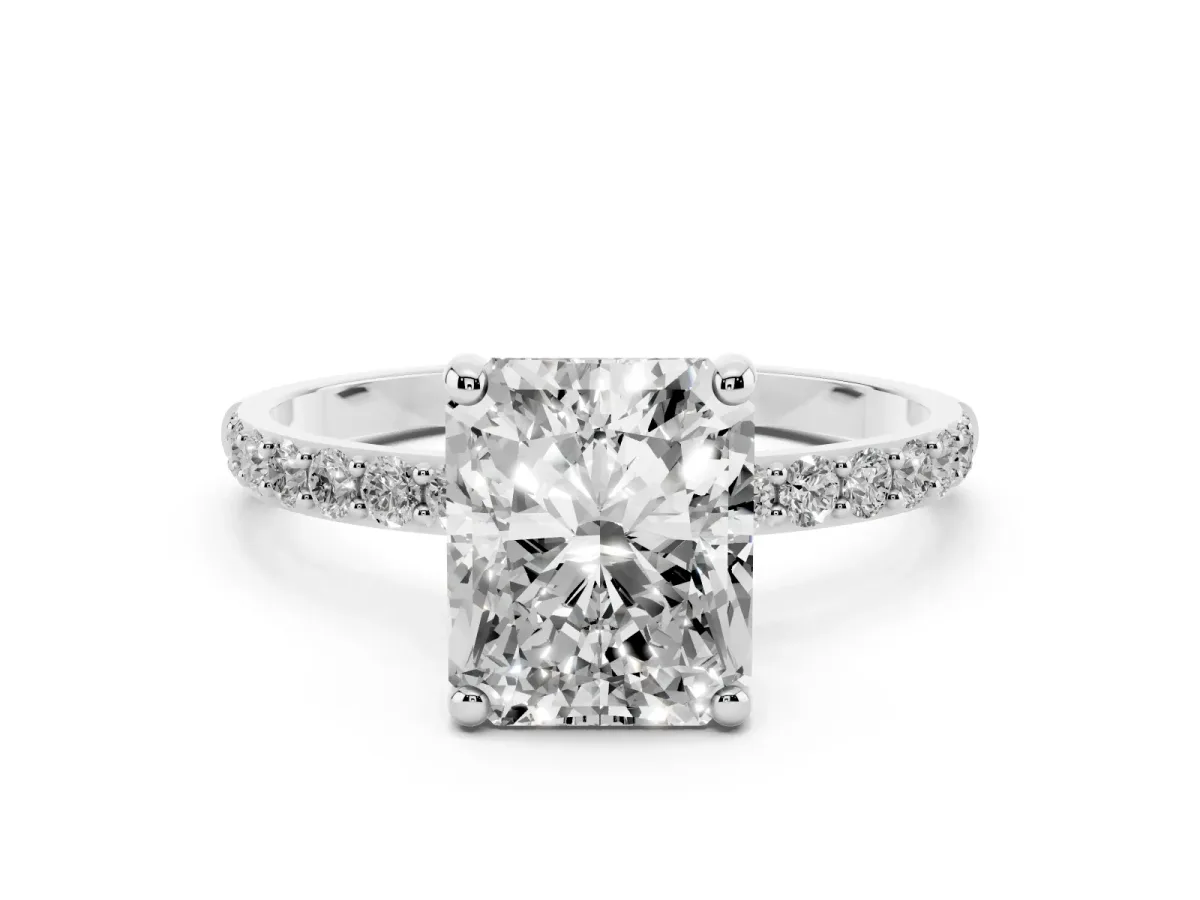 Radiant Cut Diamond Solitaire Ring with Round Pavé Band and Prong Setting Silver