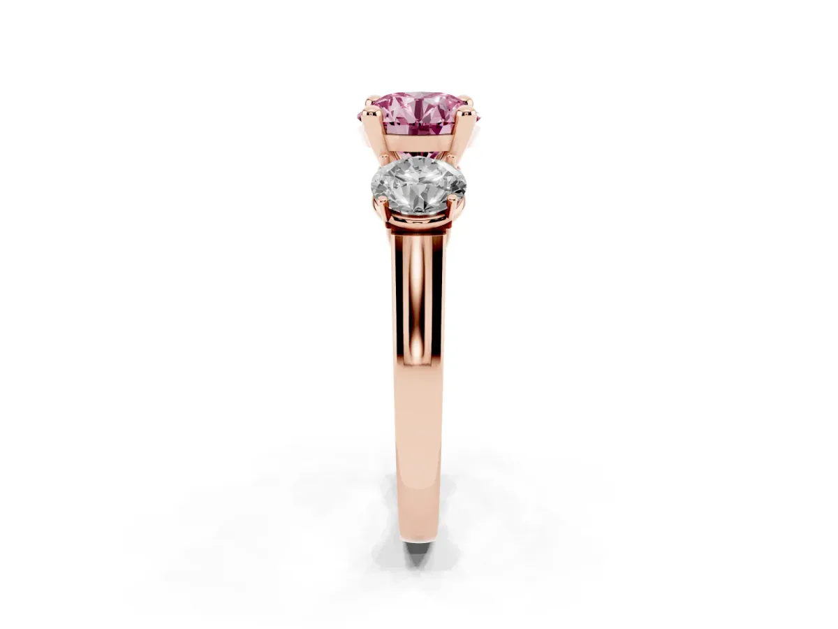Fancy Pink Three-Stone Round Cut Brilliant Diamond Trellis Ring with Comfort Fit Band Rose gold