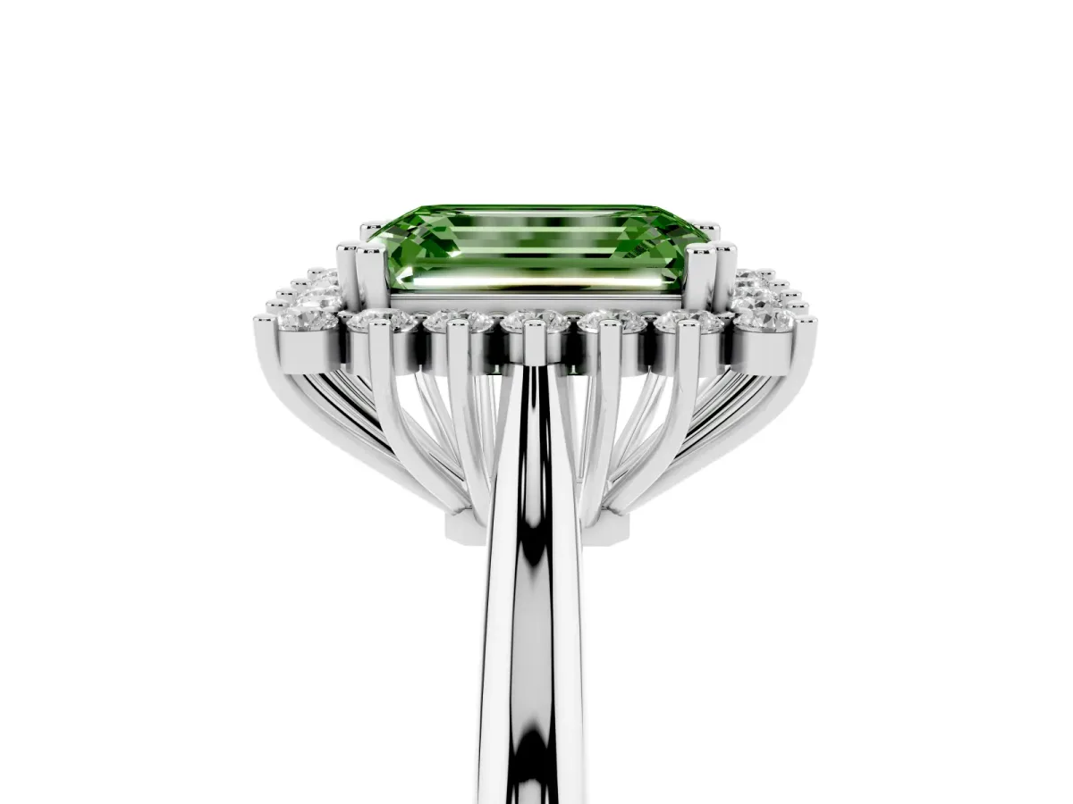 Fancy Green Emerald Cut Cut Diamond Halo Ring with Solitaire Band and Prong Setting Silver