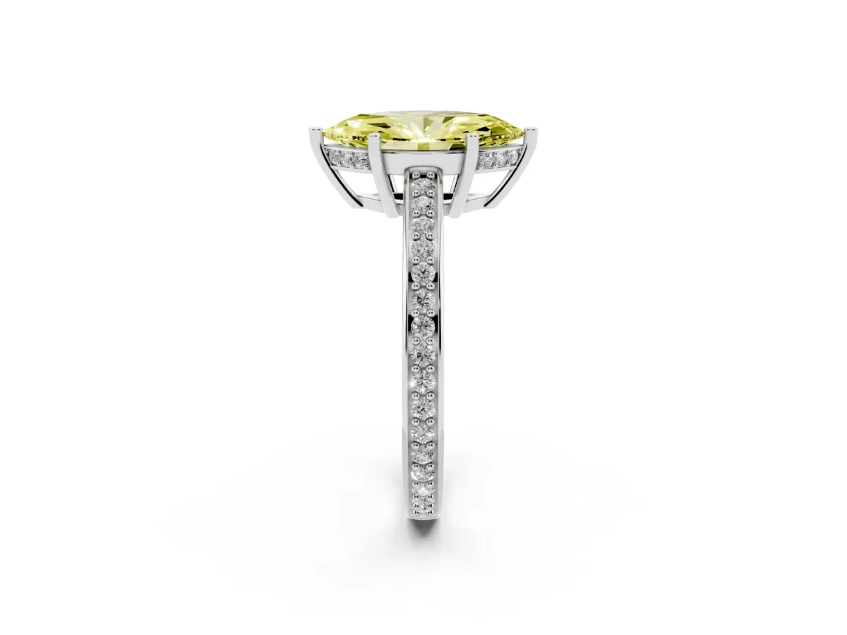 Fancy Yellow Marquise Cut Solitaire Pavé Band Prong Setting Ring Silver