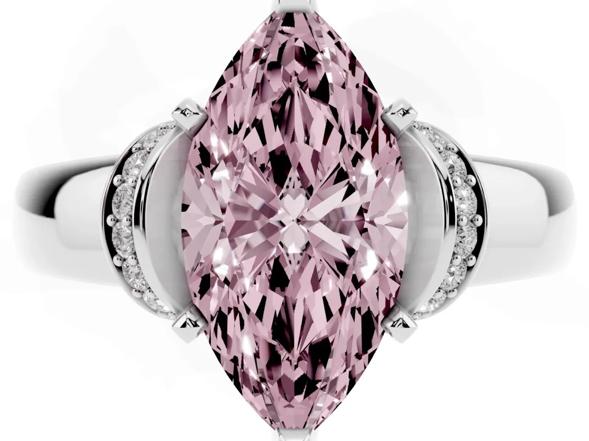 Fancy Pink Marquise Cut Solitaire Diamond Ring with Pave Band and Six-Prong Setting Platinum