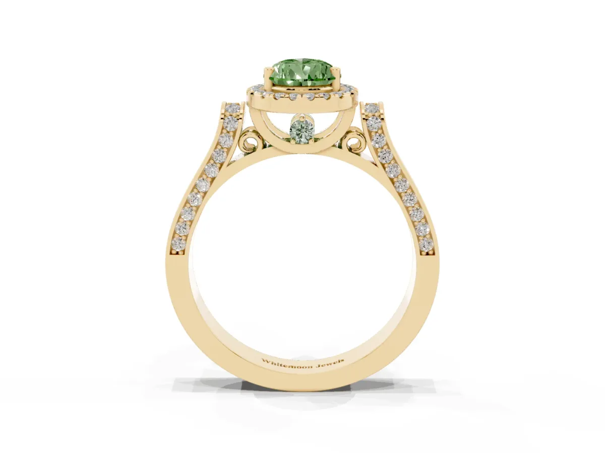 Fancy Green Pear Cut Halo Pave Split Shank Prong Setting Ring Yellow gold